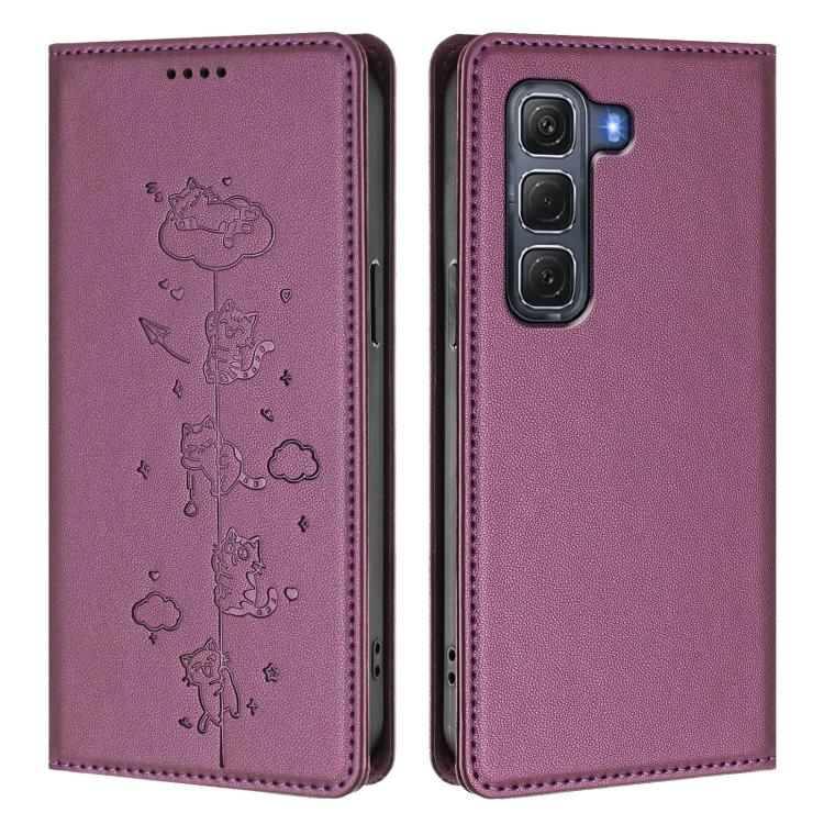 For Infinix Hot 60 Pro 4G Cute Cats Embossed Magnetic RFID Vegan Leather Phone Case
