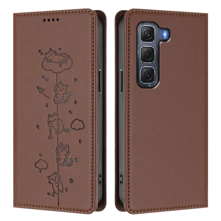 For Infinix Hot 60 Pro 4G Cute Cats Embossed Magnetic RFID Vegan Leather Phone Case