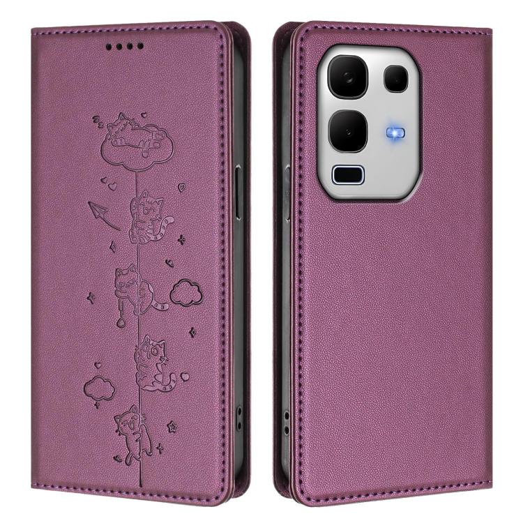 For Infinix Note 50s Cute Cats Embossed Magnetic RFID Vegan Leather Phone Case