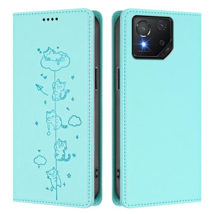 For Asus ROG Phone 8 / Phone 8 Pro Cute Cats Embossed Magnetic RFID Vegan Leather Phone Case