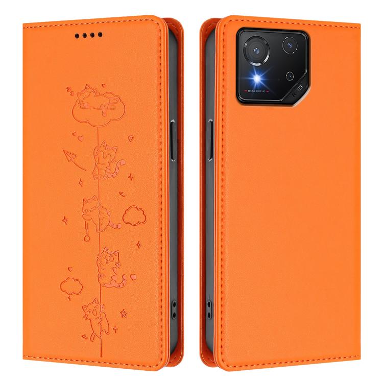 For Asus ROG Phone 8 / Phone 8 Pro Cute Cats Embossed Magnetic RFID Vegan Leather Phone Case