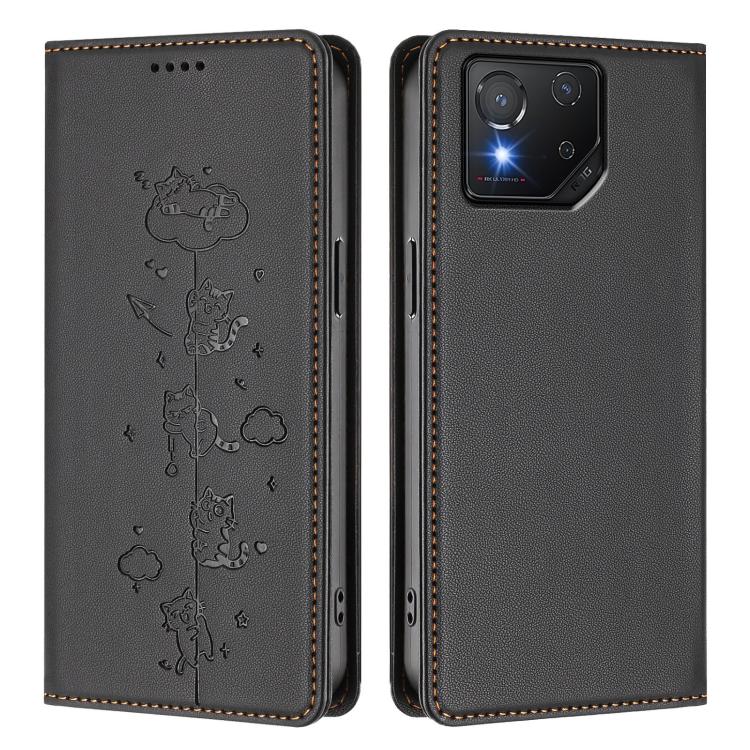 For Asus ROG Phone 8 / Phone 8 Pro Cute Cats Embossed Magnetic RFID Vegan Leather Phone Case