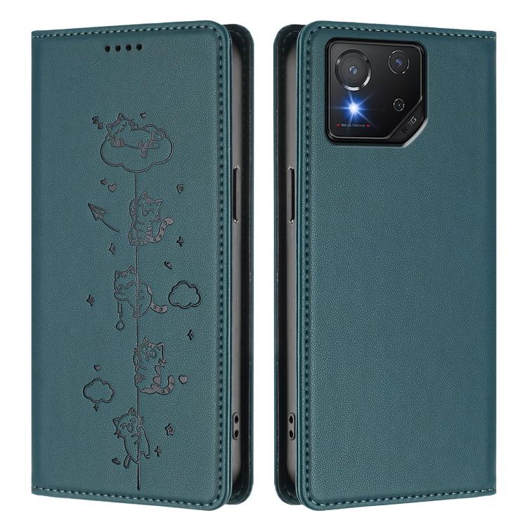 For Asus ROG Phone 8 / Phone 8 Pro Cute Cats Embossed Magnetic RFID Vegan Leather Phone Case