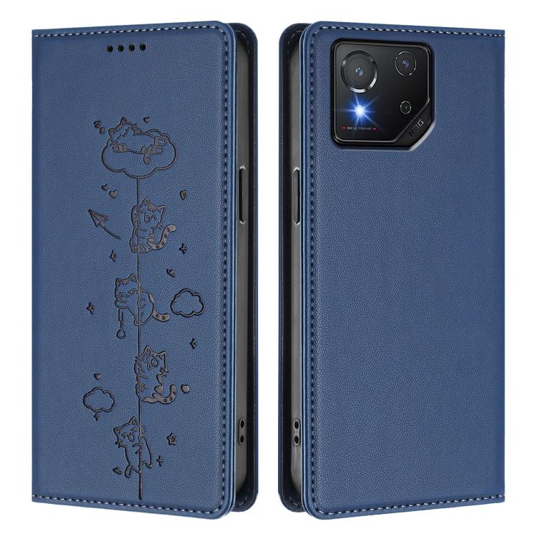 For Asus ROG Phone 8 / Phone 8 Pro Cute Cats Embossed Magnetic RFID Vegan Leather Phone Case