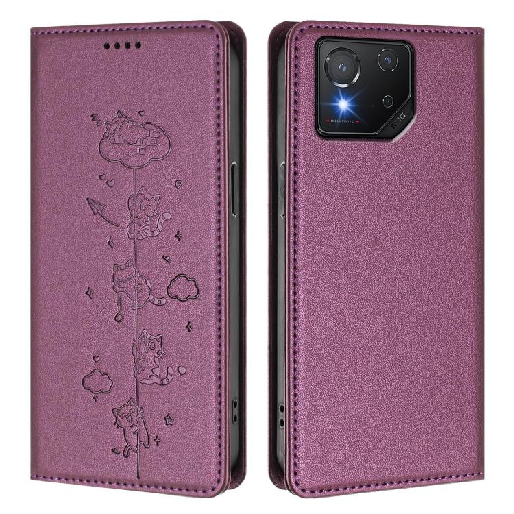 For Asus ROG Phone 8 / Phone 8 Pro Cute Cats Embossed Magnetic RFID Vegan Leather Phone Case