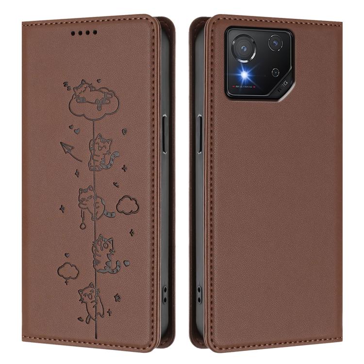 For Asus ROG Phone 8 / Phone 8 Pro Cute Cats Embossed Magnetic RFID Vegan Leather Phone Case
