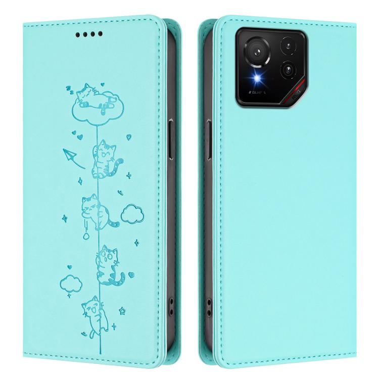 For Asus ROG Phone 9 / Phone 9 Pro Cute Cats Embossed Magnetic RFID Vegan Leather Phone Case