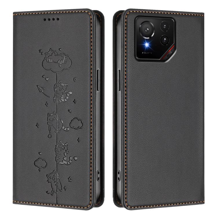 For Asus ROG Phone 9 / Phone 9 Pro Cute Cats Embossed Magnetic RFID Vegan Leather Phone Case