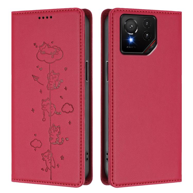 For Asus ROG Phone 9 / Phone 9 Pro Cute Cats Embossed Magnetic RFID Vegan Leather Phone Case