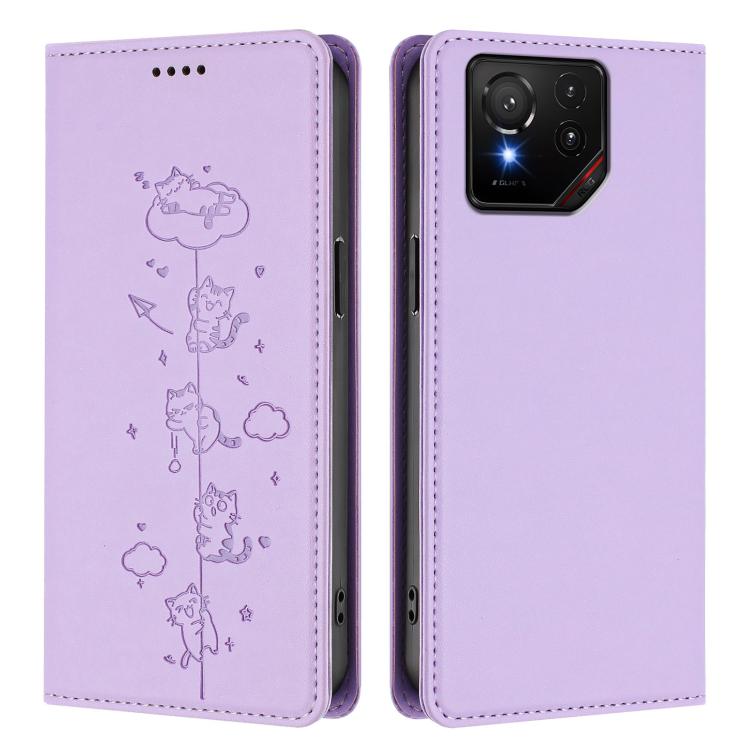 For Asus ROG Phone 9 / Phone 9 Pro Cute Cats Embossed Magnetic RFID Vegan Leather Phone Case
