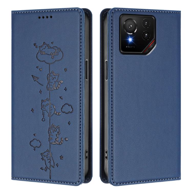 For Asus ROG Phone 9 / Phone 9 Pro Cute Cats Embossed Magnetic RFID Vegan Leather Phone Case