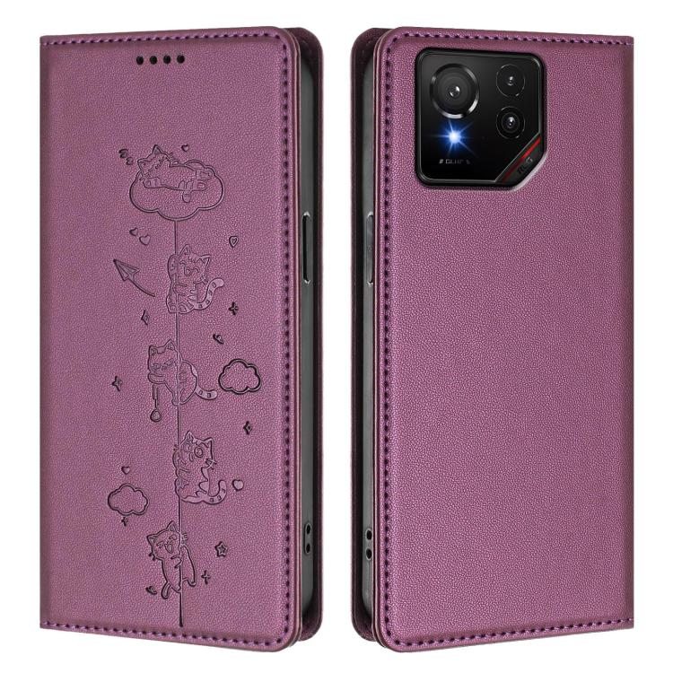 For Asus ROG Phone 9 / Phone 9 Pro Cute Cats Embossed Magnetic RFID Vegan Leather Phone Case