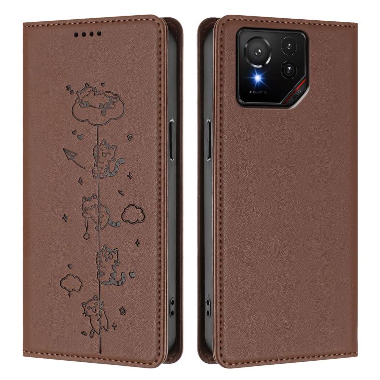 For Asus ROG Phone 9 / Phone 9 Pro Cute Cats Embossed Magnetic RFID Vegan Leather Phone Case