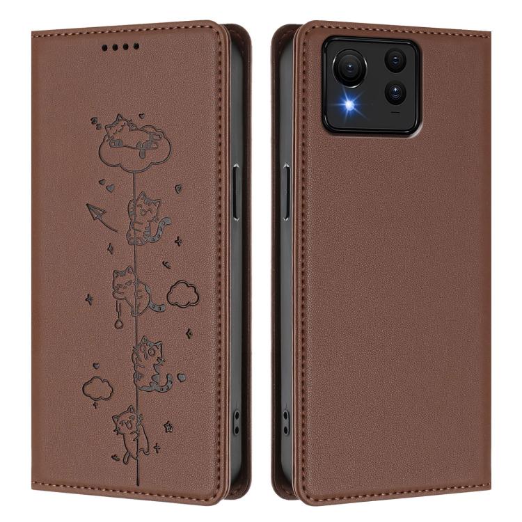 For Asus Zenfone 11 Ultra Cute Cats Embossed Magnetic RFID Vegan Leather Phone Case