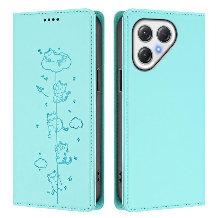 For Tecno Pova 7 5G Cute Cats Embossed Magnetic RFID Vegan Leather Phone Case