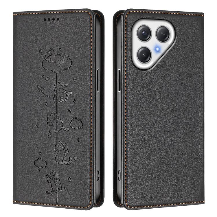 For Tecno Pova 7 5G Cute Cats Embossed Magnetic RFID Vegan Leather Phone Case