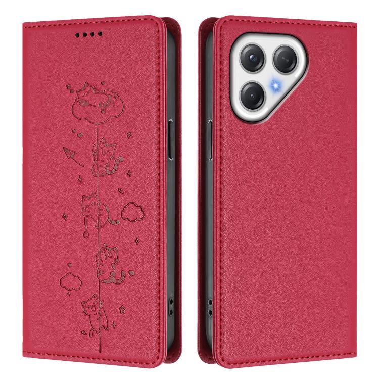 For Tecno Pova 7 5G Cute Cats Embossed Magnetic RFID Vegan Leather Phone Case