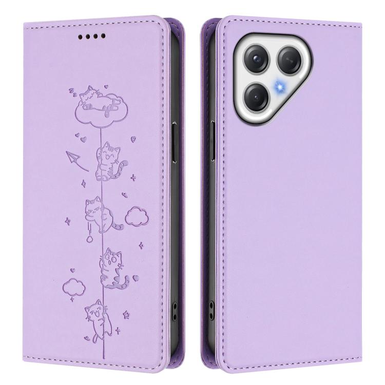 For Tecno Pova 7 5G Cute Cats Embossed Magnetic RFID Vegan Leather Phone Case