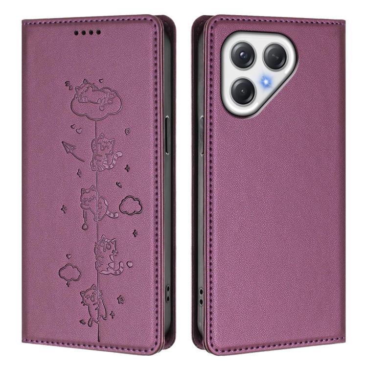 For Tecno Pova 7 5G Cute Cats Embossed Magnetic RFID Vegan Leather Phone Case