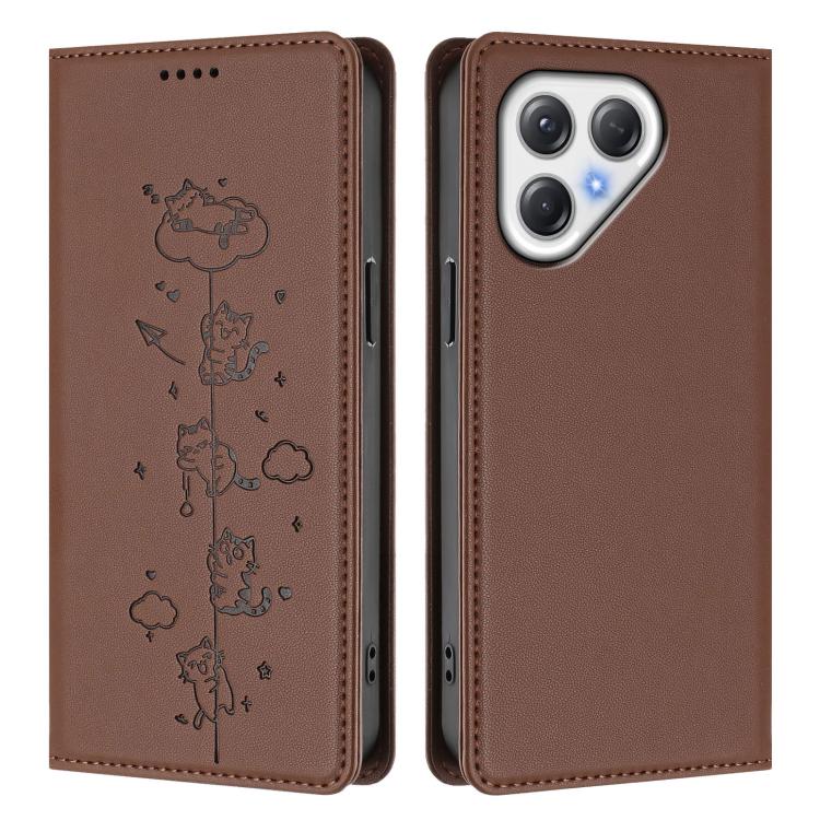 For Tecno Pova 7 5G Cute Cats Embossed Magnetic RFID Vegan Leather Phone Case