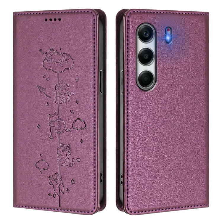 For Tecno Camon 40 Pro 4G Cute Cats Embossed Magnetic RFID Vegan Leather Phone Case