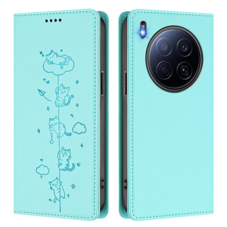 For Tecno Camon 40 Premier Cute Cats Embossed Magnetic RFID Vegan Leather Phone Case