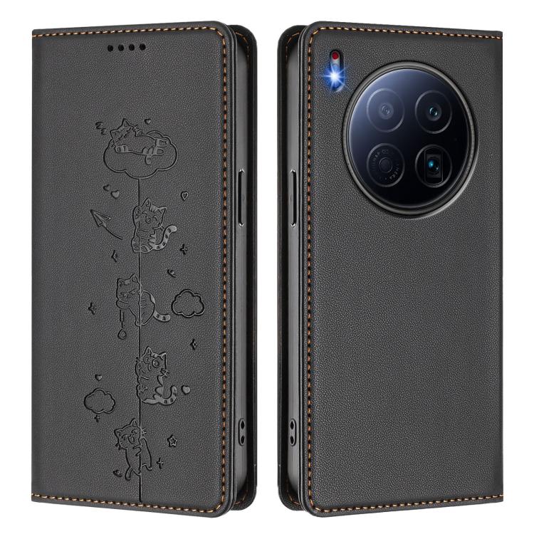 For Tecno Camon 40 Premier Cute Cats Embossed Magnetic RFID Vegan Leather Phone Case