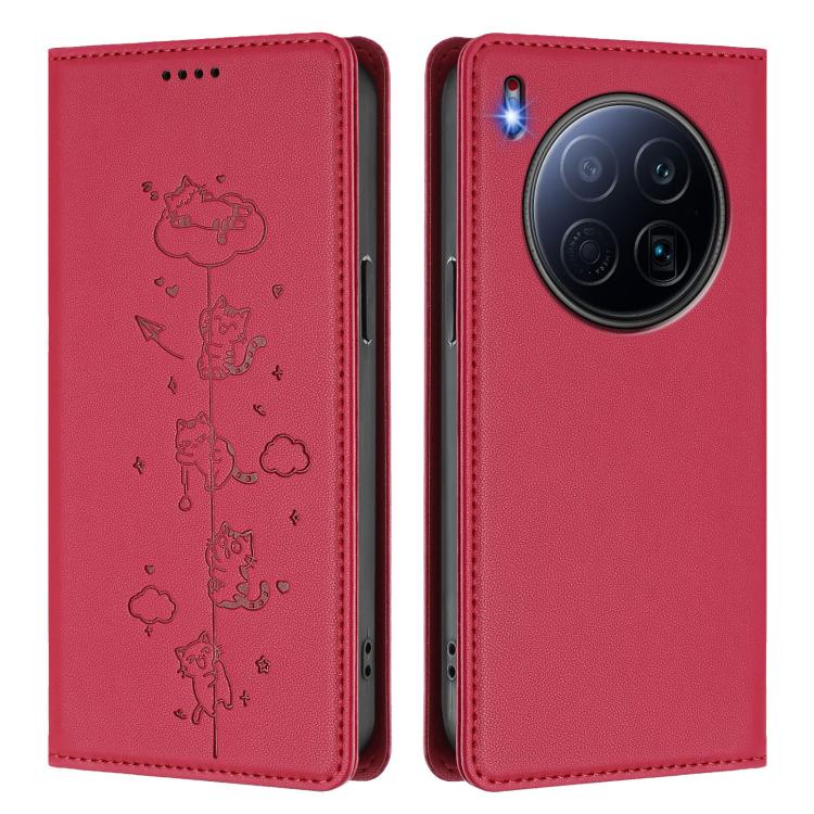 For Tecno Camon 40 Premier Cute Cats Embossed Magnetic RFID Vegan Leather Phone Case