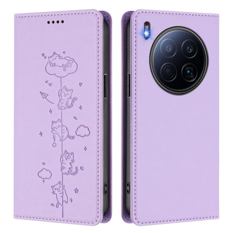 For Tecno Camon 40 Premier Cute Cats Embossed Magnetic RFID Vegan Leather Phone Case
