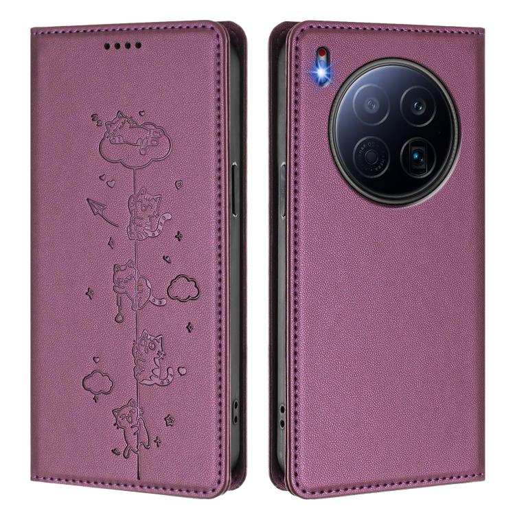 For Tecno Camon 40 Premier Cute Cats Embossed Magnetic RFID Vegan Leather Phone Case