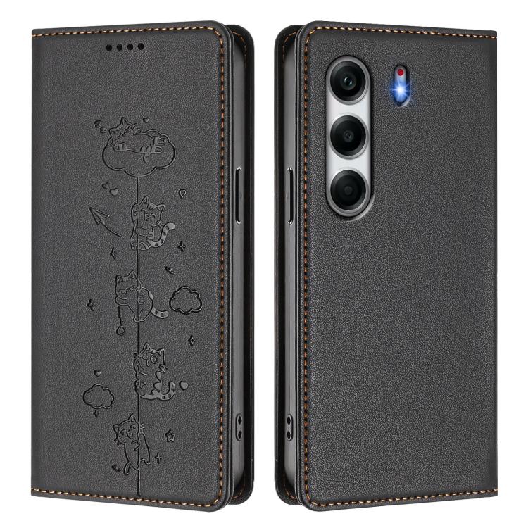 For Tecno Camon 40 4G Cute Cats Embossed Magnetic RFID Vegan Leather Phone Case
