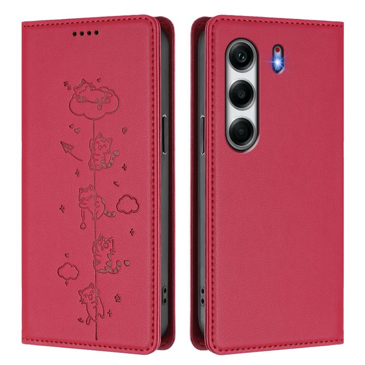 For Tecno Camon 40 4G Cute Cats Embossed Magnetic RFID Vegan Leather Phone Case