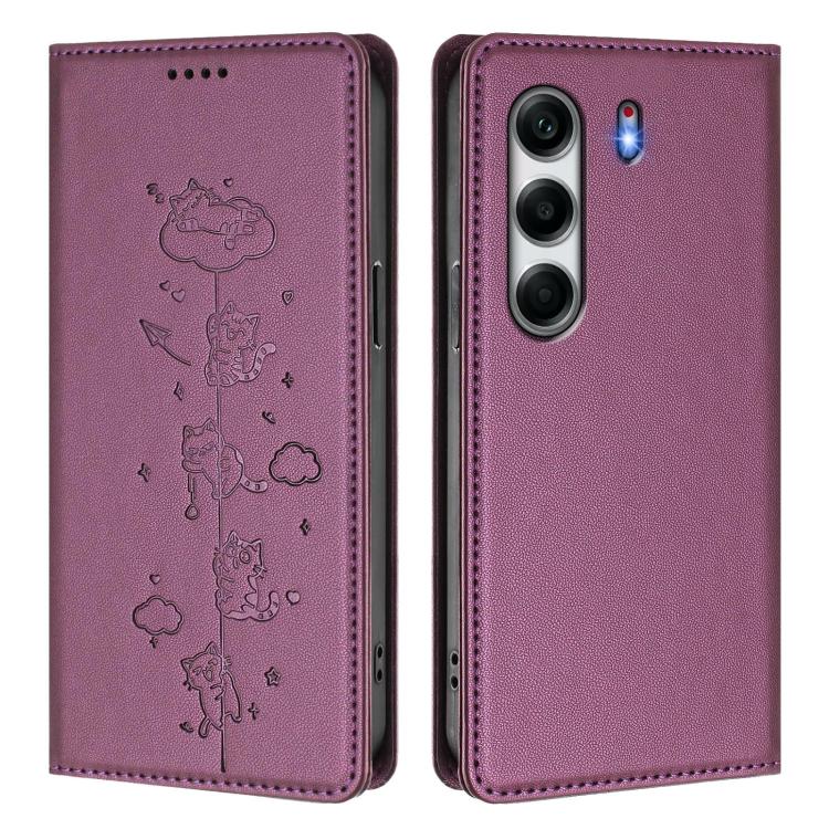 For Tecno Camon 40 4G Cute Cats Embossed Magnetic RFID Vegan Leather Phone Case