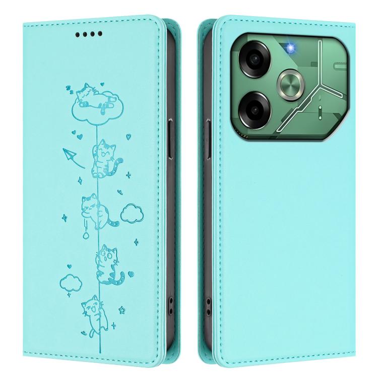 For Tecno Pova 6 4G Cute Cats Embossed Magnetic RFID Vegan Leather Phone Case
