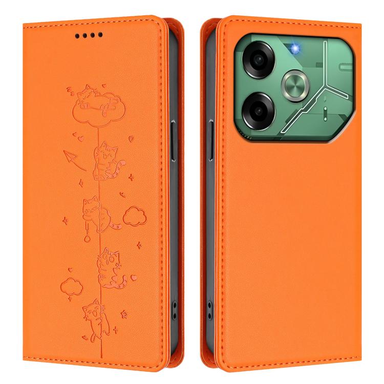 For Tecno Pova 6 4G Cute Cats Embossed Magnetic RFID Vegan Leather Phone Case