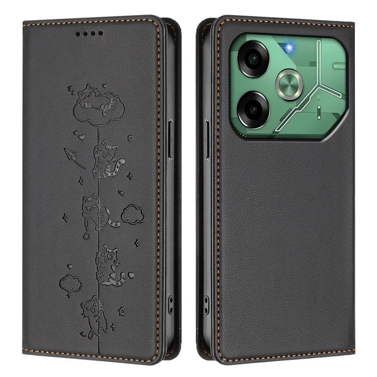 For Tecno Pova 6 4G Cute Cats Embossed Magnetic RFID Vegan Leather Phone Case