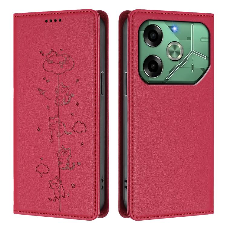 For Tecno Pova 6 4G Cute Cats Embossed Magnetic RFID Vegan Leather Phone Case