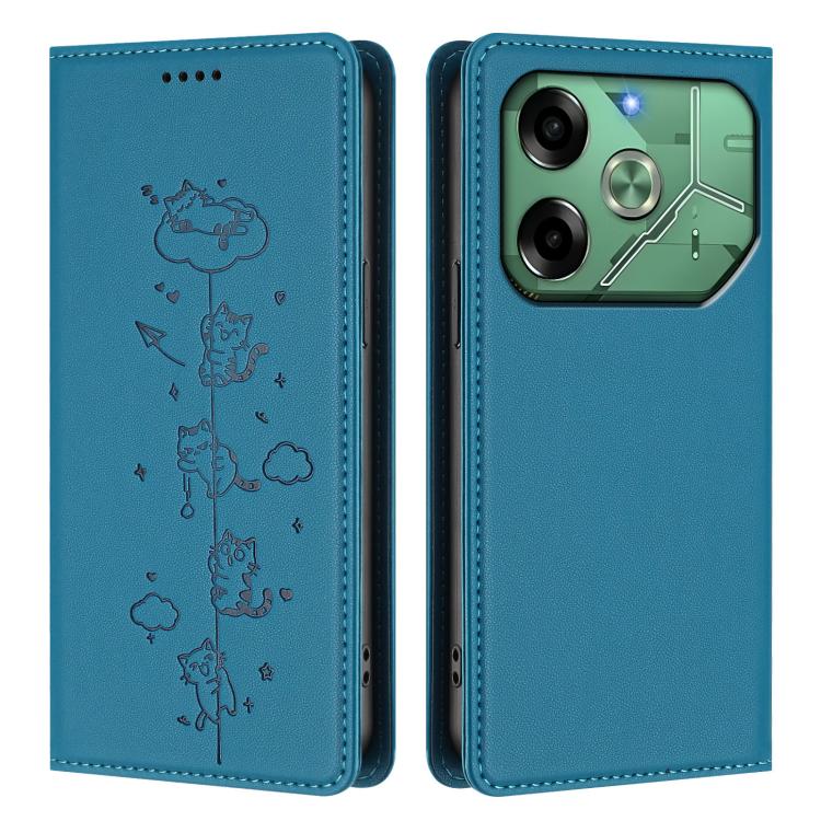 For Tecno Pova 6 4G Cute Cats Embossed Magnetic RFID Vegan Leather Phone Case