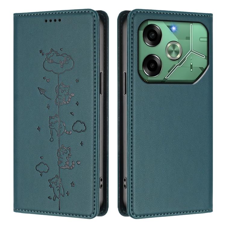 For Tecno Pova 6 4G Cute Cats Embossed Magnetic RFID Vegan Leather Phone Case