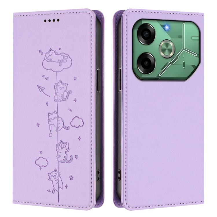 For Tecno Pova 6 4G Cute Cats Embossed Magnetic RFID Vegan Leather Phone Case