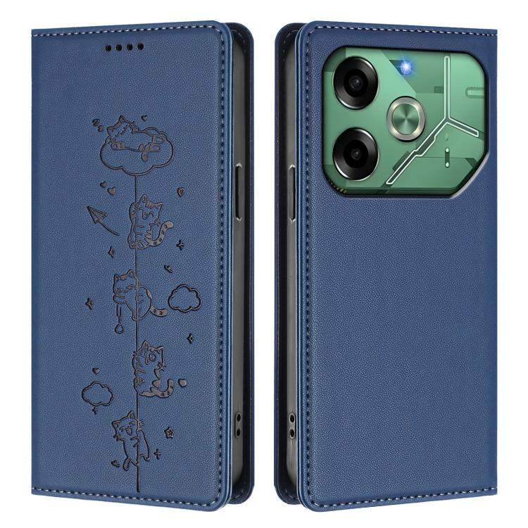 For Tecno Pova 6 4G Cute Cats Embossed Magnetic RFID Vegan Leather Phone Case