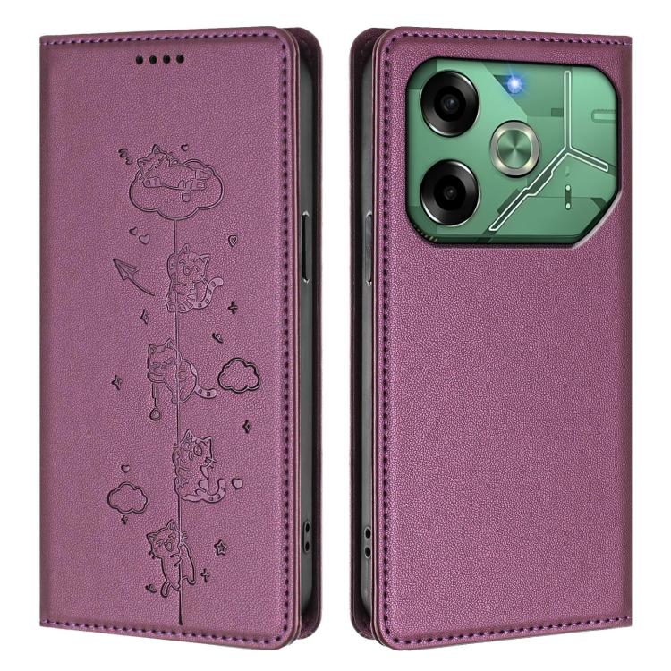 For Tecno Pova 6 4G Cute Cats Embossed Magnetic RFID Vegan Leather Phone Case