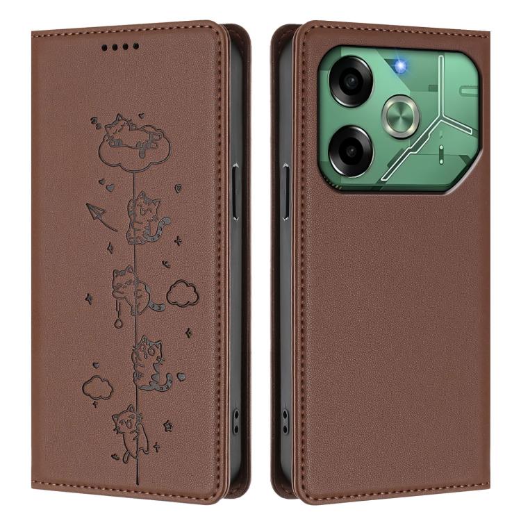 For Tecno Pova 6 4G Cute Cats Embossed Magnetic RFID Vegan Leather Phone Case