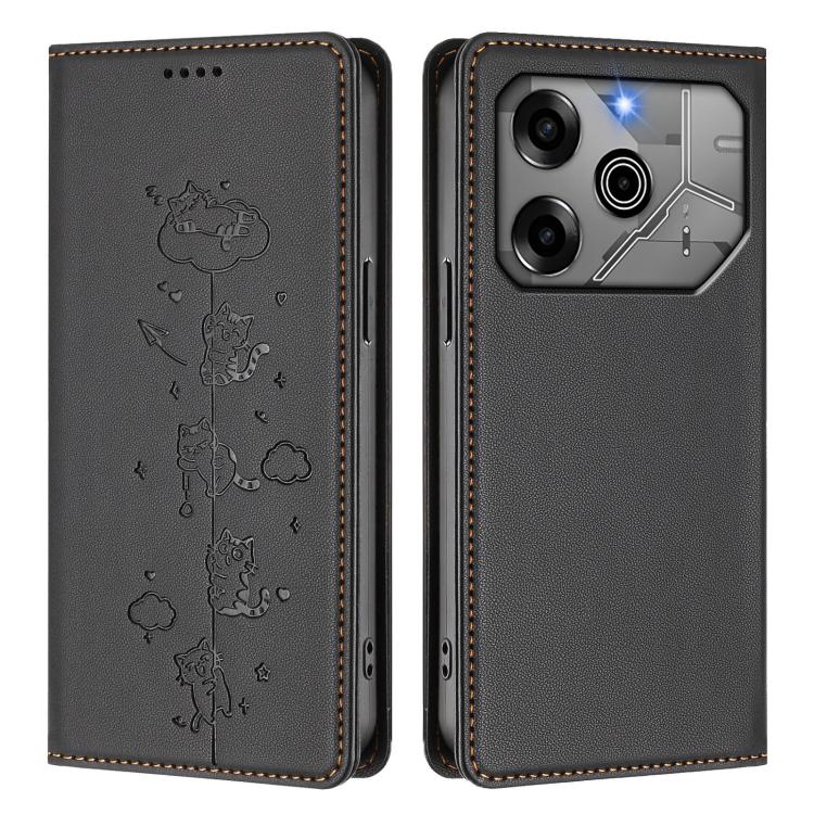 For Tecno Pova 6 / 6 Pro 5G Cute Cats Embossed Magnetic RFID Vegan Leather Phone Case