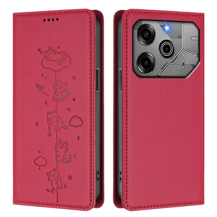 For Tecno Pova 6 / 6 Pro 5G Cute Cats Embossed Magnetic RFID Vegan Leather Phone Case