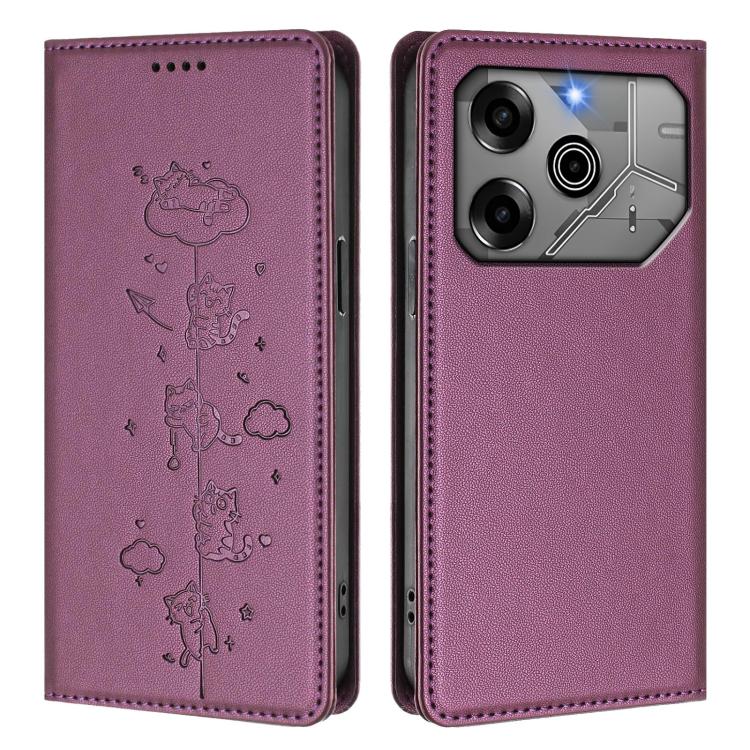 For Tecno Pova 6 / 6 Pro 5G Cute Cats Embossed Magnetic RFID Vegan Leather Phone Case