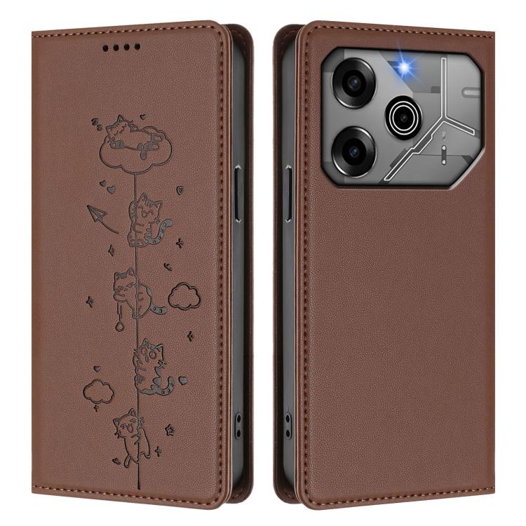 For Tecno Pova 6 / 6 Pro 5G Cute Cats Embossed Magnetic RFID Vegan Leather Phone Case