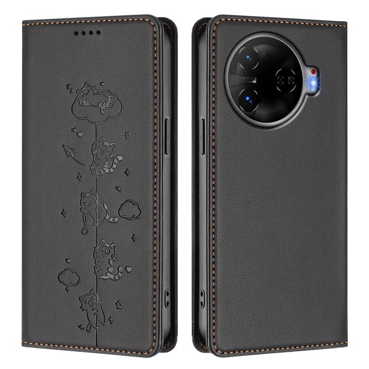 For Tecno Camon 30 Pro 5G Cute Cats Embossed Magnetic RFID Vegan Leather Phone Case