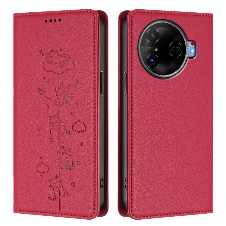 For Tecno Camon 30 Pro 5G Cute Cats Embossed Magnetic RFID Vegan Leather Phone Case