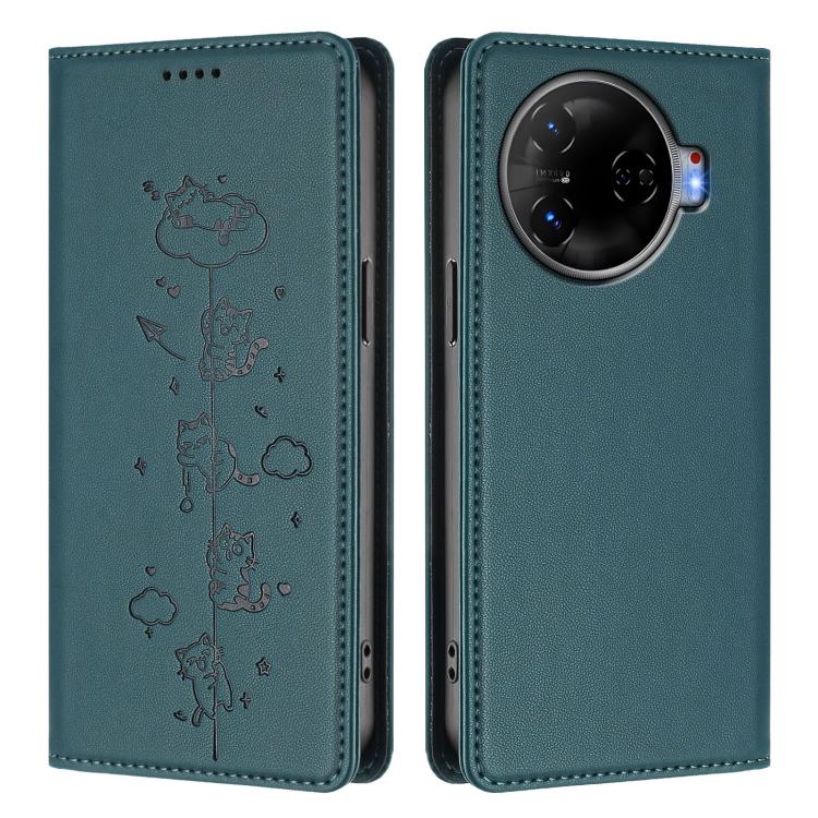 For Tecno Camon 30 Pro 5G Cute Cats Embossed Magnetic RFID Vegan Leather Phone Case